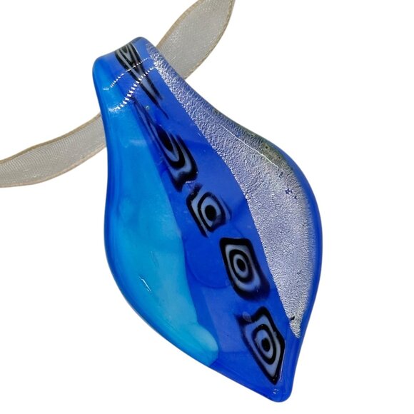 Handcrafted Fused Glass Necklace Earrings Set Blue Abstract Design Sheer Ribbon - Picture 5 of 13